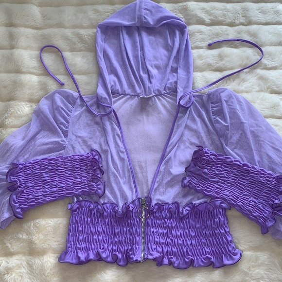 Y2K Custom purple Sheer mesh chiffon Sexy Hooded jacket top M - Picture 4 of 15
